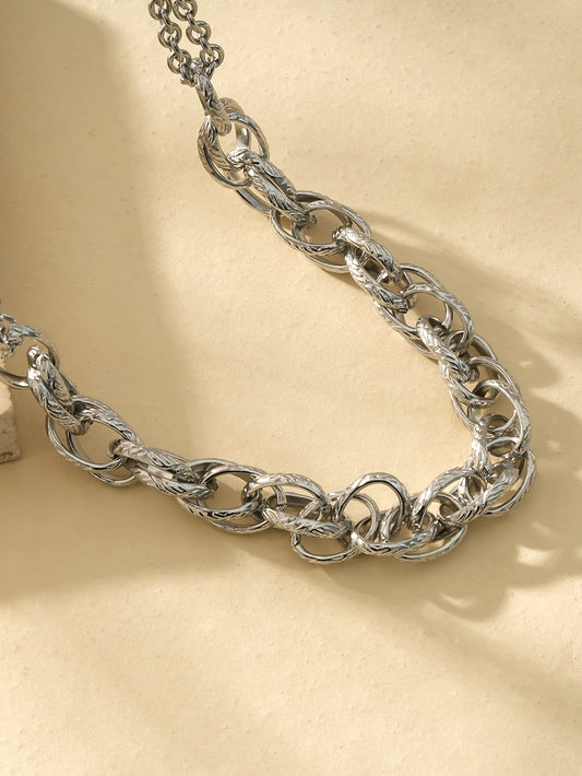 Collier Argenté Large Maillons Lisses Et Tressés Double Couches