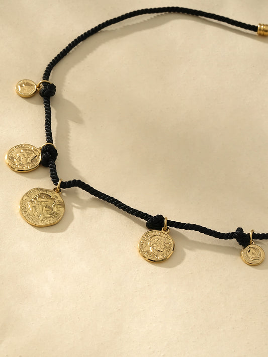 Collier Doré Fil Noir Avec Multi Disques Motif Pièce de Monnaie