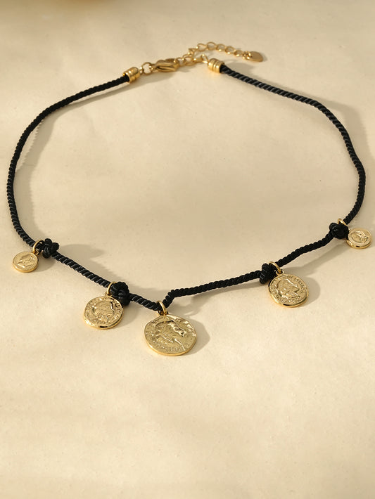 Collier Doré Fil Noir Avec Multi Disques Motif Pièce de Monnaie