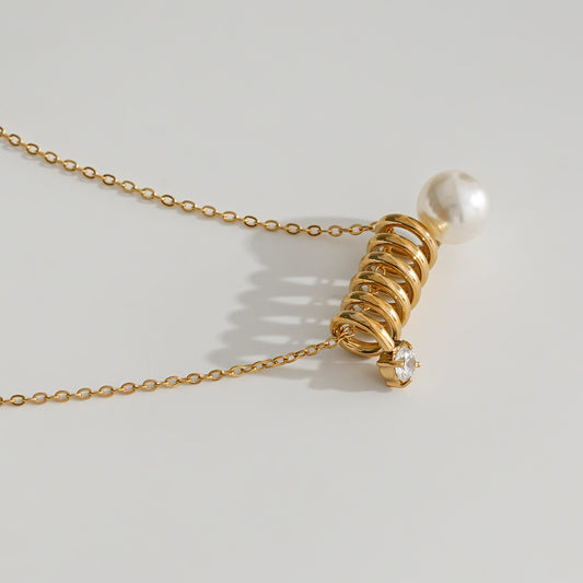 Collier Doré Bobine Spirale Avec Perle Et Strass