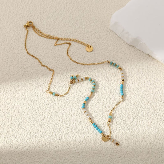 Collier Doré Petites Perles Dorées Blanches Et Bleues