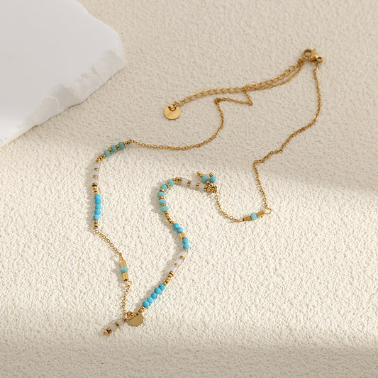 Collier Doré Petites Perles Dorées Blanches Et Bleues