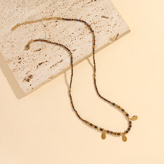 Collier Doré Chaîne Pierre Œil de Tigre Avec Trois Pastilles Gouttes