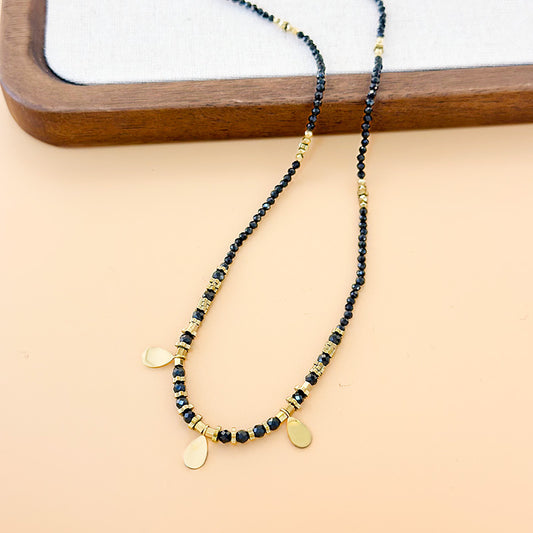 Collier Doré Chaîne de Pierres Naturelles Onyx Avec Trois Pastilles Gouttes