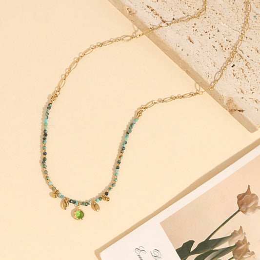 Collier Doré Chaîne de Pierres Naturelles Turquoise Africaine Avec Strass Vert