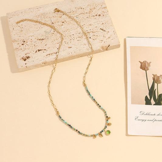 Collier Doré Chaîne de Pierres Naturelles Turquoise Africaine Avec Strass Vert