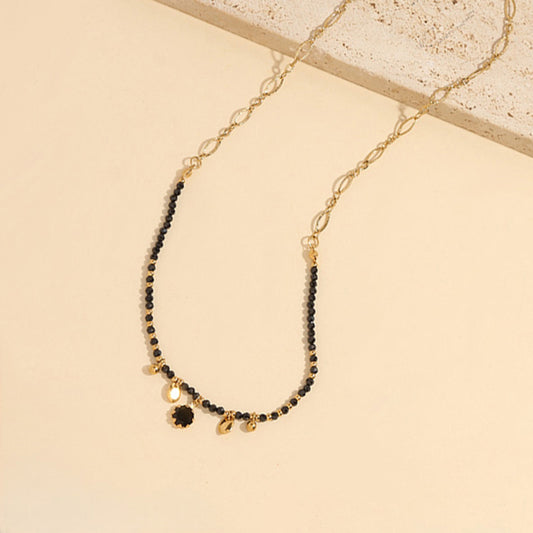 Collier Doré Chaîne de Pierres Naturelles Onyx Avec Strass Noir