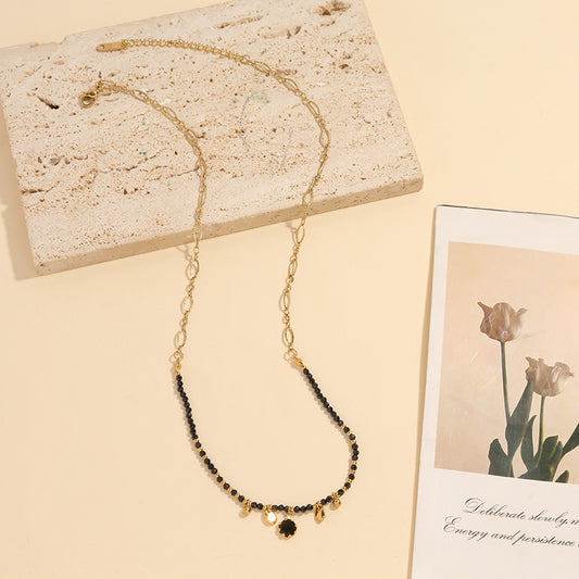 Collier Doré Chaîne de Pierres Naturelles Onyx Avec Strass Noir