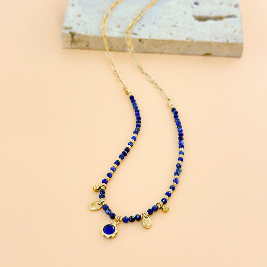 Collier Doré Chaîne de Pierres Lapis Lazuli Avec Pierre Bleue Et Pastilles