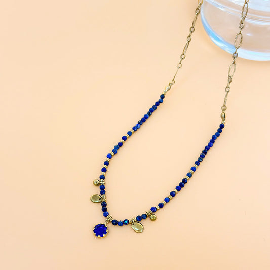 Collier Doré Chaîne de Pierres Lapis Lazuli Avec Pierre Bleue Et Pastilles