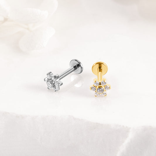 Piercing Argenté Fleur Ronde Strass en Titane