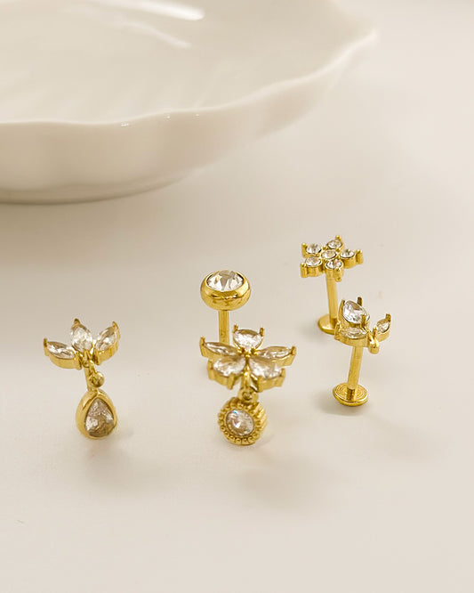 Boucles d'Oreilles Dorées 5 Puces Mixtes Fleurs En Strass
