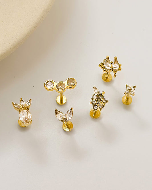 Boucles d'Oreilles Dorées 6 Puces Mixtes Fruits En Strass