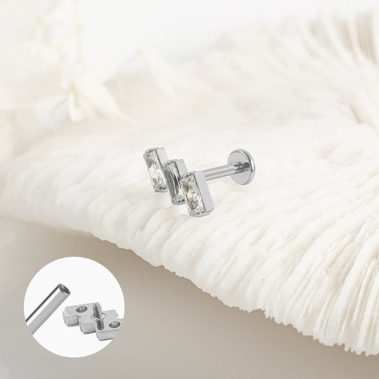 Piercing Argenté Triple Strass Rectangle en Acier Inoxydable