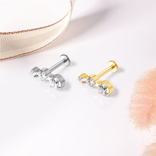 Piercing Argenté Triple Strass Ronds en Acier Inoxydable