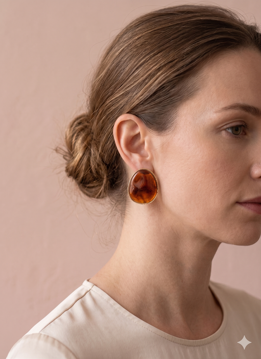 Boucles d'oreilles dorées pierre ovale ambré