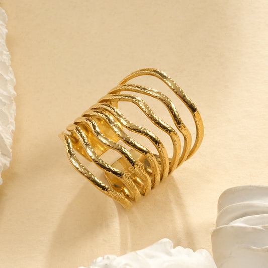 Bague Dorée Ajustable Multi Lignes Ondulées Et Texturées