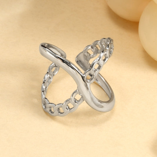 Bague Argentée Ajustable Chaîne Et Ligne Croisée