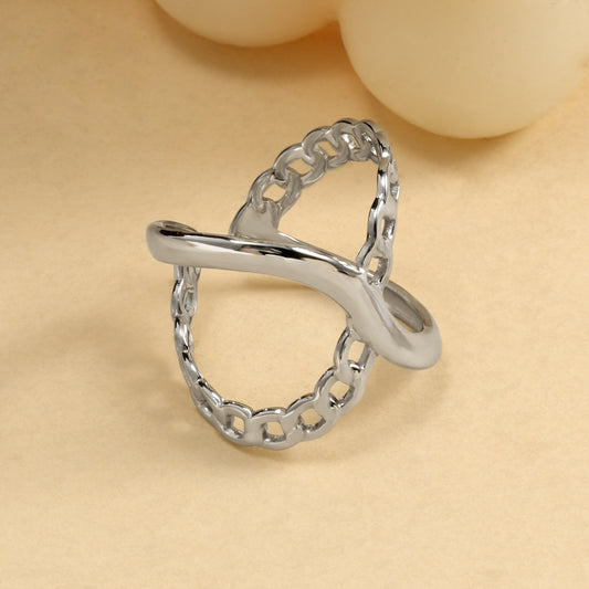 Bague Argentée Ajustable Chaîne Et Ligne Croisée