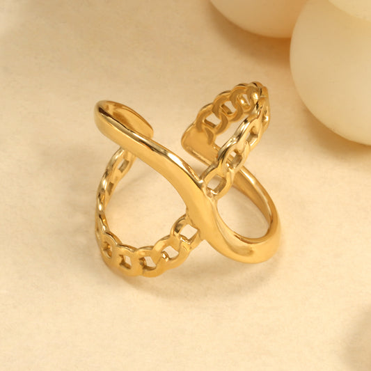 Bague Dorée Ajustable Chaîne Et Ligne Croisée