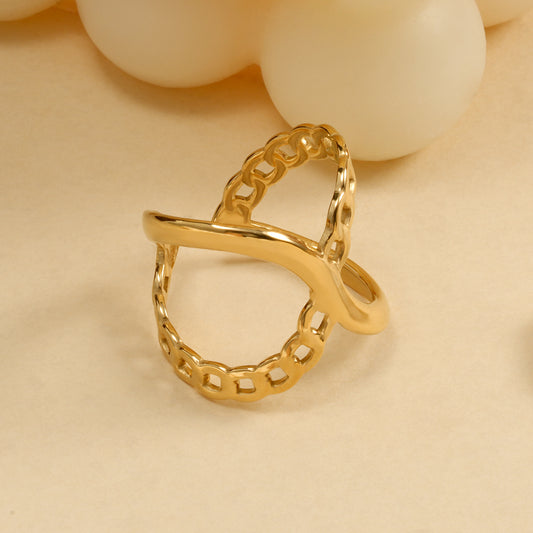 Bague Dorée Ajustable Chaîne Et Ligne Croisée