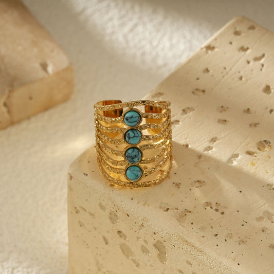 Bague Dorée Ajustable Martelée À Multi Rangs Et Pierres Turquoises