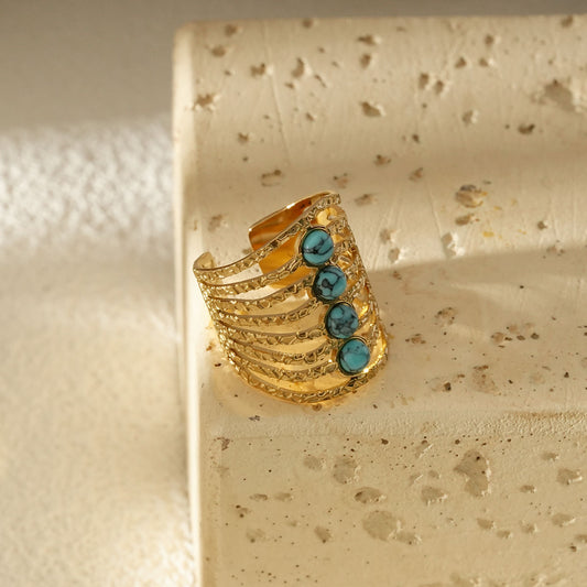 Bague Dorée Ajustable Martelée À Multi Rangs Et Pierres Turquoises