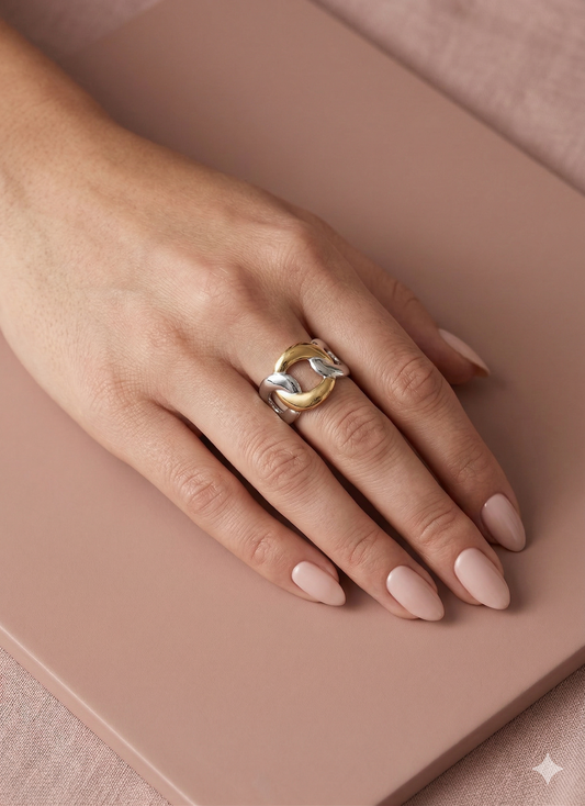 Bague bicolore argentée et dorée chaîne finition miroir