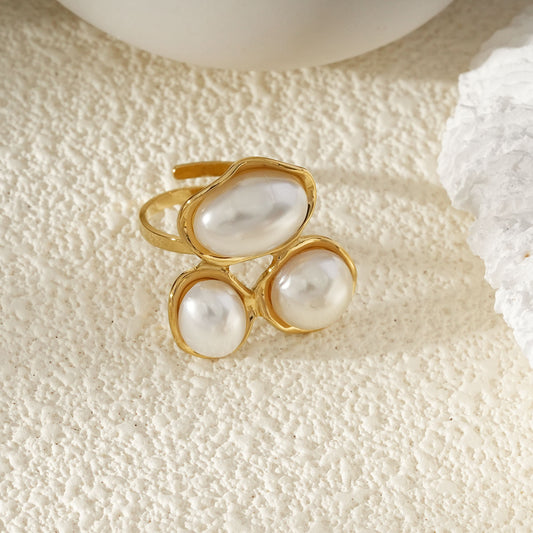 Bague Dorée Ajustable Trio De Perles Baroques