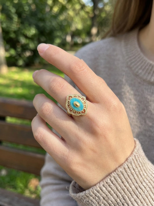 Bague dorée ajustable pierre turquoise style vintage