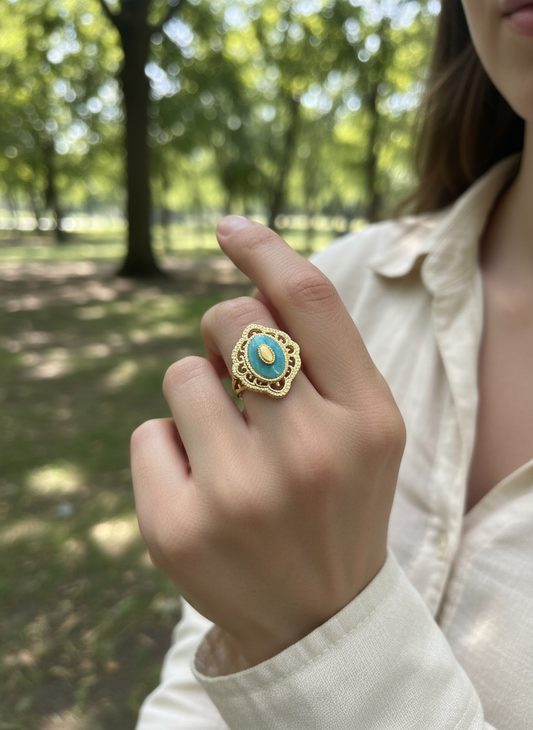 Bague dorée ajustable pierre turquoise style vintage
