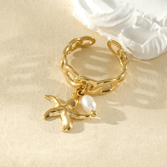 Bague dorée ajustable à pendentifs étoile de mer et perle
