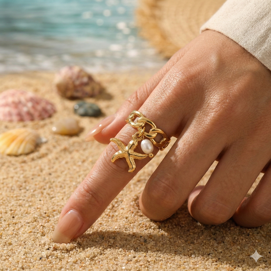 Bague dorée ajustable à pendentifs étoile de mer et perle