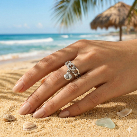 Bague ajustable maille breloque coquillage