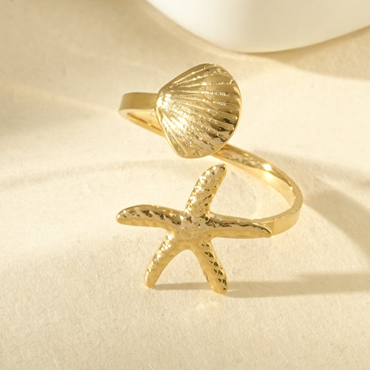 Bague dorée ajustable étoile de mer et coquillage