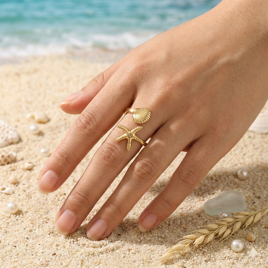Bague dorée ajustable étoile de mer et coquillage