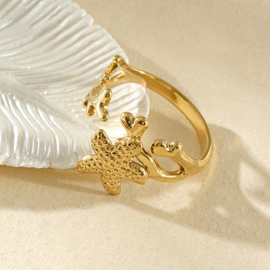 Bague dorée ajustable étoile de mer et coraux