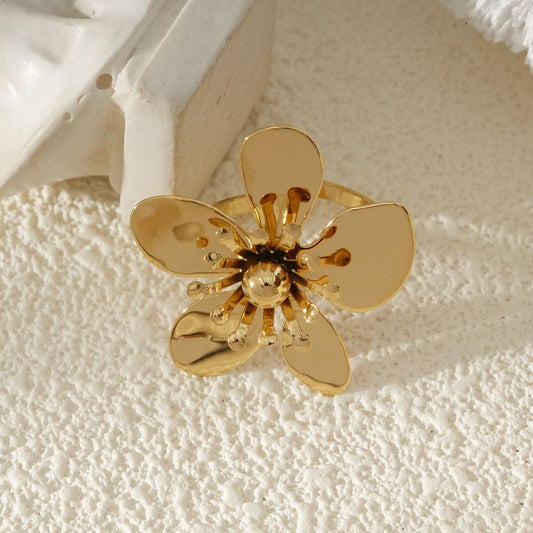 Bague Dorée Ajustable Pétale De Fleurs Épanouies Brillantes