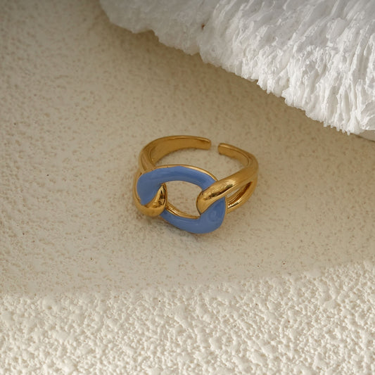 Bague Dorée Maillon Entrelacé Émaillé Bleu