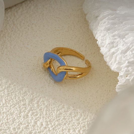 Bague Dorée Maillon Entrelacé Émaillé Bleu