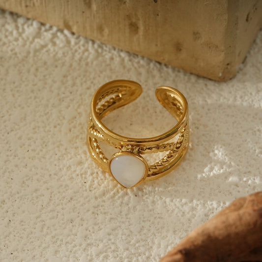 Bague Dorée Ajustable À Double Tressage Et Pierre Ovale Nacrée