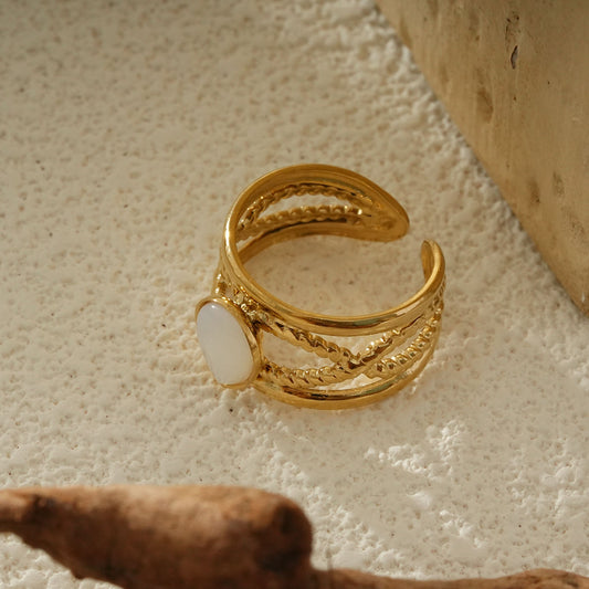 Bague Dorée Ajustable À Double Tressage Et Pierre Ovale Nacrée