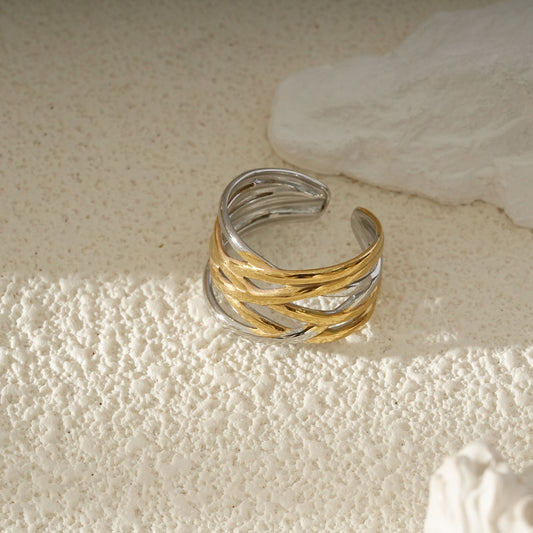 Bague Bicolore Ajustable Multi Rangs Entrelacés En Or Et Argent