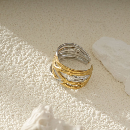 Bague Bicolore Ajustable Multi Rangs Entrelacés En Or Et Argent