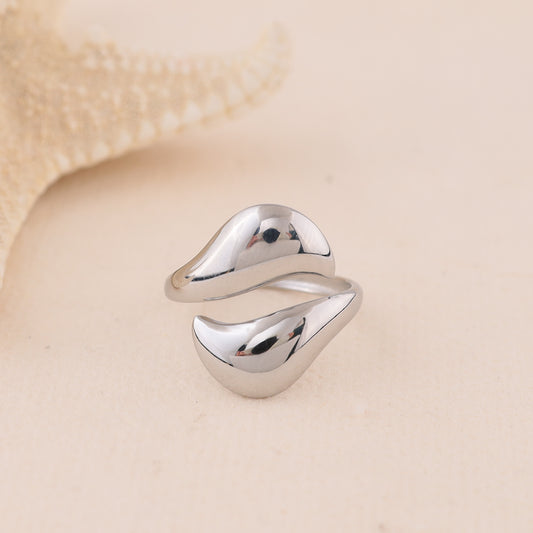 Bague Ajustable Deux Vagues Lisses Brillantes Ouverte Devant