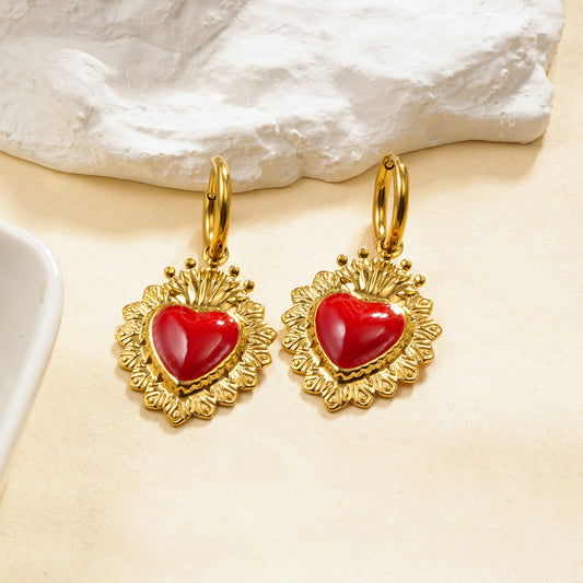 Boucles d'oreilles créoles pendantes cœur ex-voto centre rouge