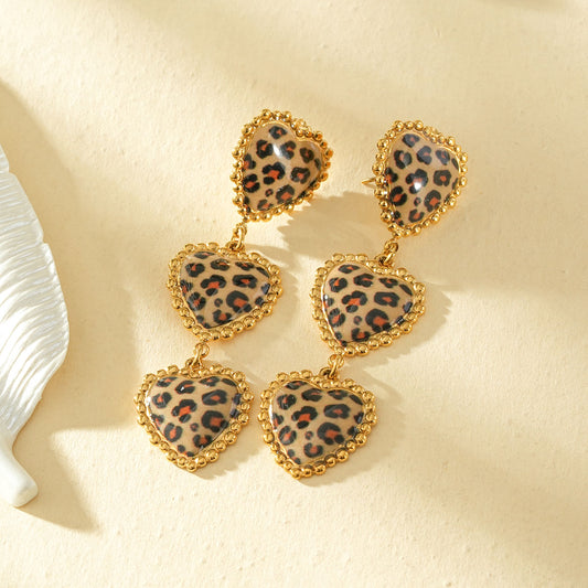 Boucles d'oreilles triples cœurs pendants léopard pendantes