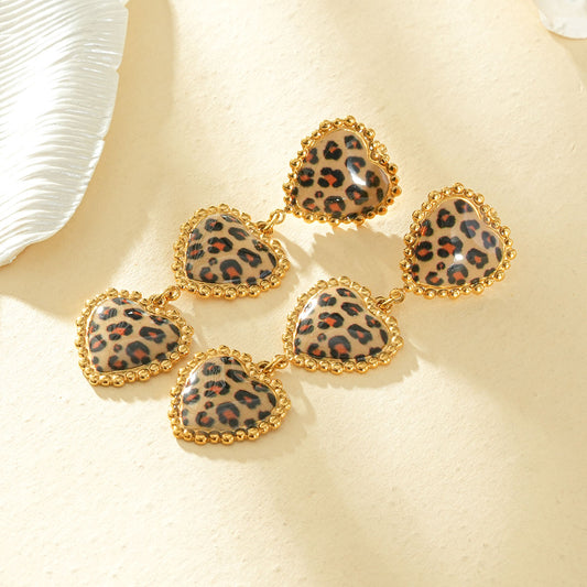 Boucles d'oreilles triples cœurs pendants léopard pendantes