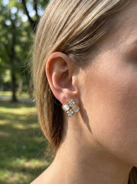 Boucles d'oreilles clous dorée losange strassés et pierres