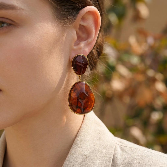 Boucles d'oreilles dorées pendantes cabochons ovales ambré